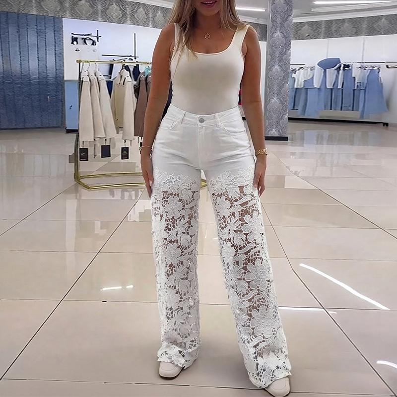 Lace Panel Wide-Leg Jeans