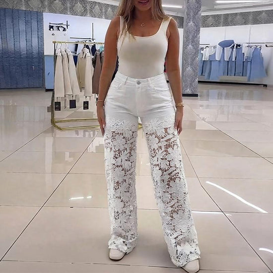 Lace Panel Wide-Leg Jeans