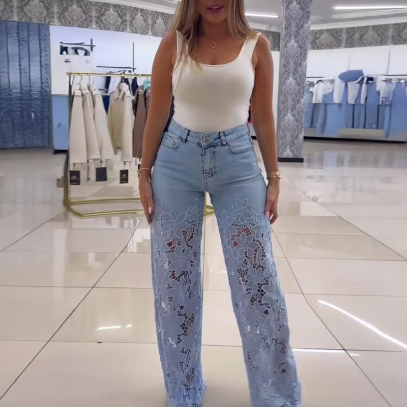 Lace Panel Wide-Leg Jeans