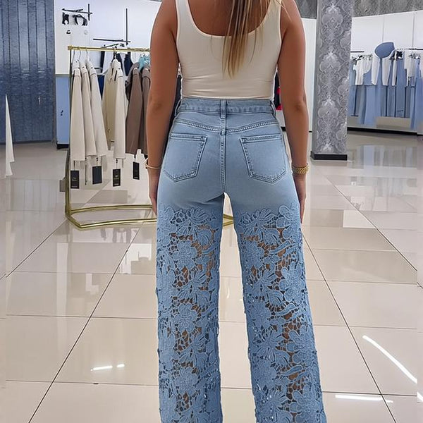 Lace Panel Wide-Leg Jeans