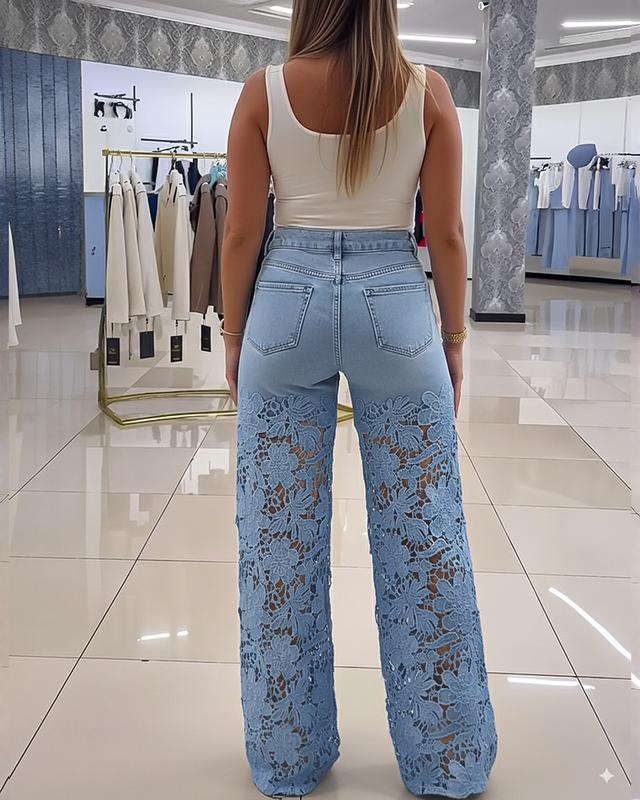 Lace Panel Wide-Leg Jeans