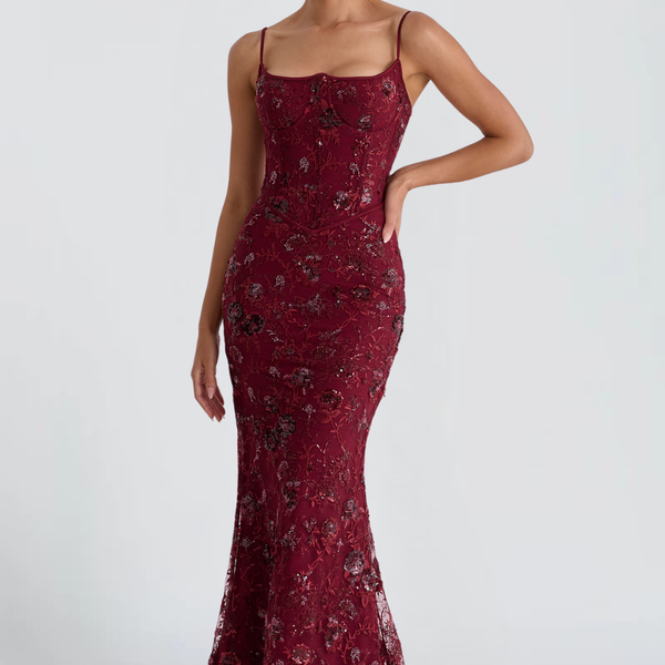 Floral Sequin Corset Maxi Dress