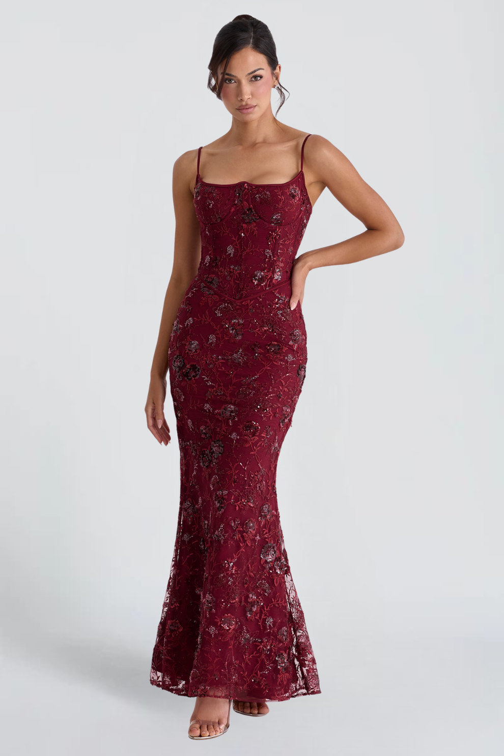 Florales Pailletten-Korsett-Maxikleid