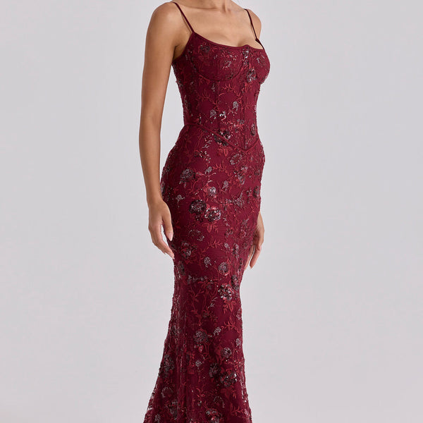 Floral Sequin Corset Maxi Dress