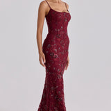 Robe longue corset ornée de sequins et de motifs floraux