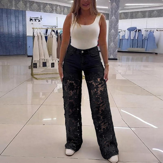 Lace Panel Wide-Leg Jeans